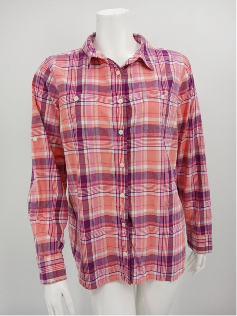 LL Bean Womens Pink Plaid 100% Cotton Button Front Top Size L